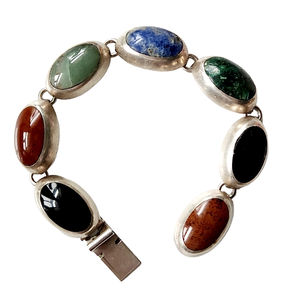Taxco Mexico 925 Chunky Bracelet With Stones 7-1/4"